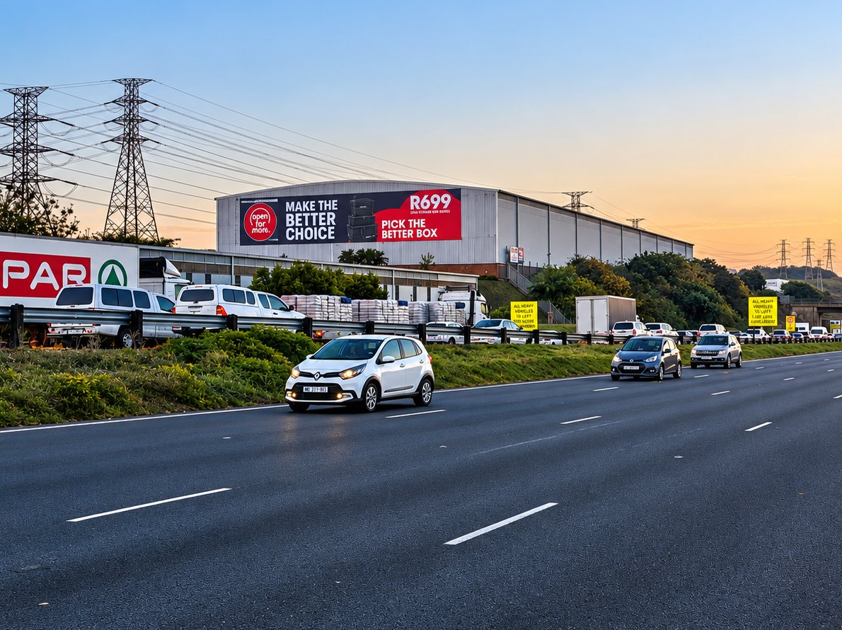 Large format wall sign on a distribution centre beside a busy freeway at sunset